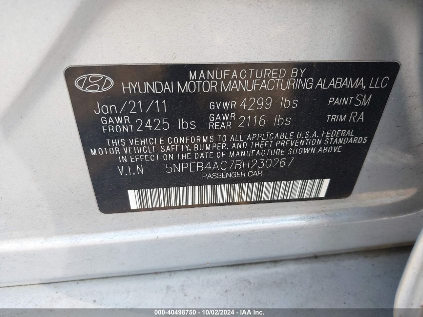 5NPEB4AC7BH230267 2011 Hyundai Sonata Gls