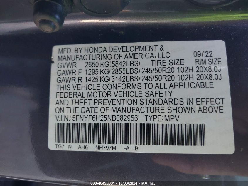 2022 Honda Pilot Awd Special Edition VIN: 5FNYF6H25NB082956 Lot: 40498831