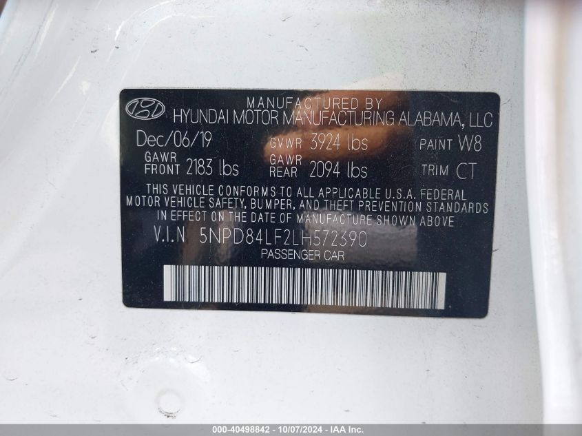 2020 Hyundai Elantra Sel VIN: 5NPD84LF2LH572390 Lot: 40498842