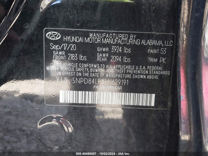 2020 Hyundai Elantra Sel VIN: 5NPD84LF8LH629191 Lot: 40498857