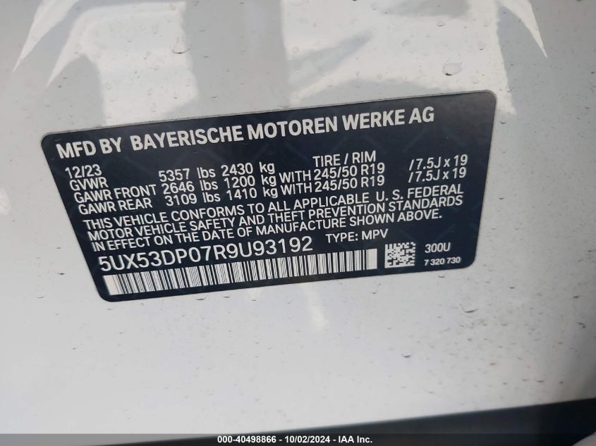 2024 BMW X3 xDrive30I VIN: 5UX53DP07R9U93192 Lot: 40498866