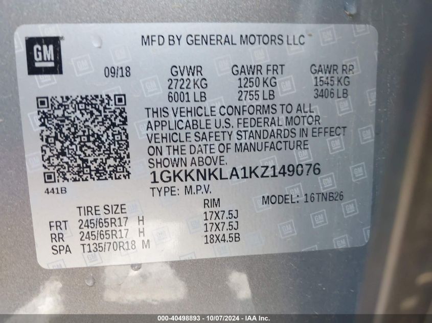 1GKKNKLA1KZ149076 2019 GMC Acadia Sle