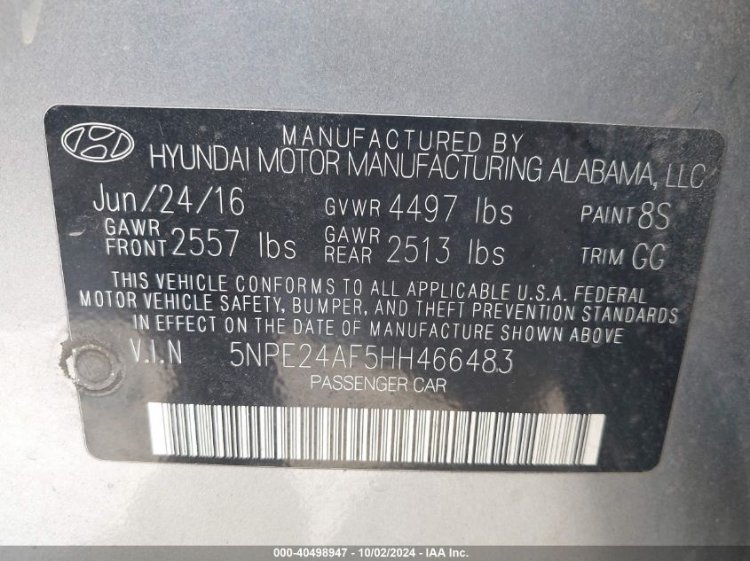 5NPE24AF5HH466483 2017 Hyundai Sonata