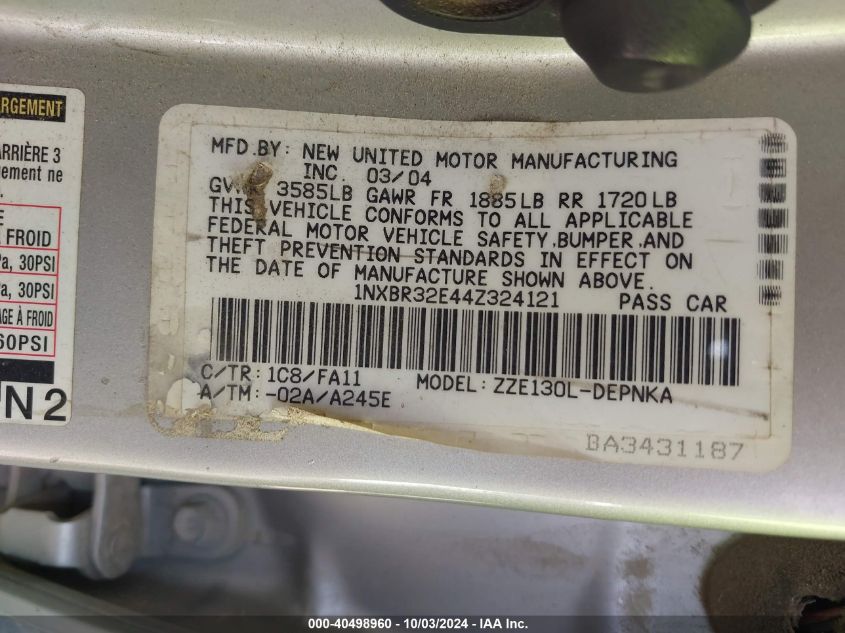 2004 Toyota Corolla Le VIN: 1NXBR32E44Z324121 Lot: 40498960