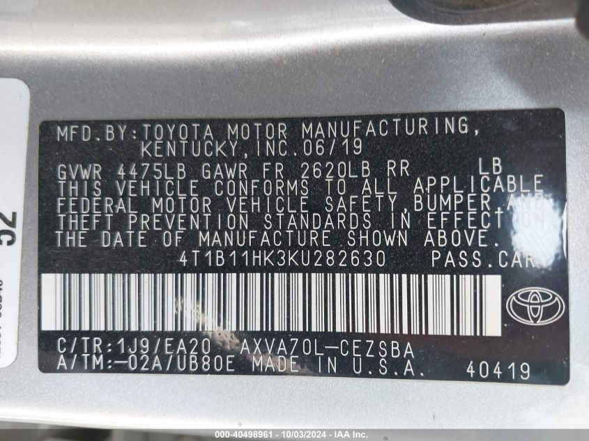 4T1B11HK3KU282630 2019 Toyota Camry Se