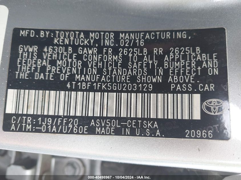 4T1BF1FK5GU203129 2016 Toyota Camry Se