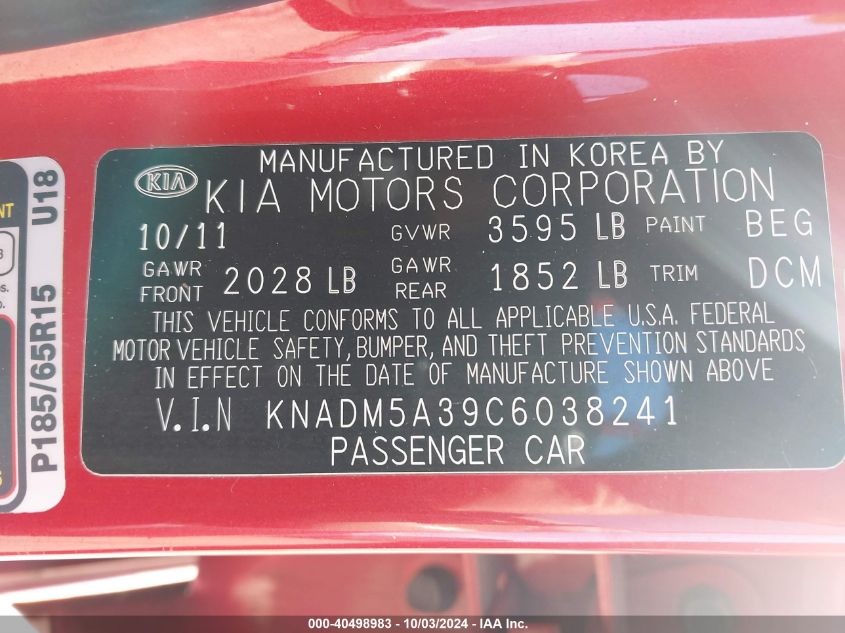 KNADM5A39C6038241 2012 Kia Rio5 Lx