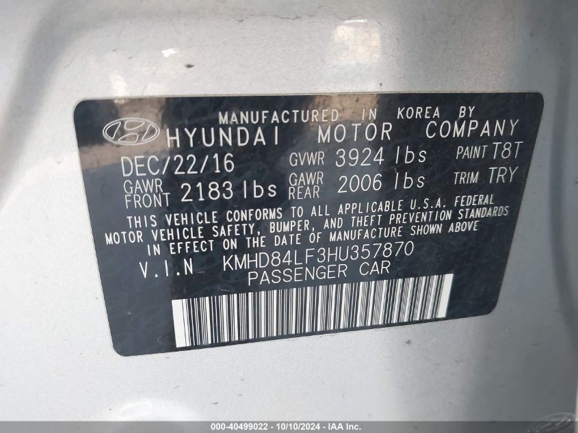 KMHD84LF3HU357870 2017 Hyundai Elantra Value Edition
