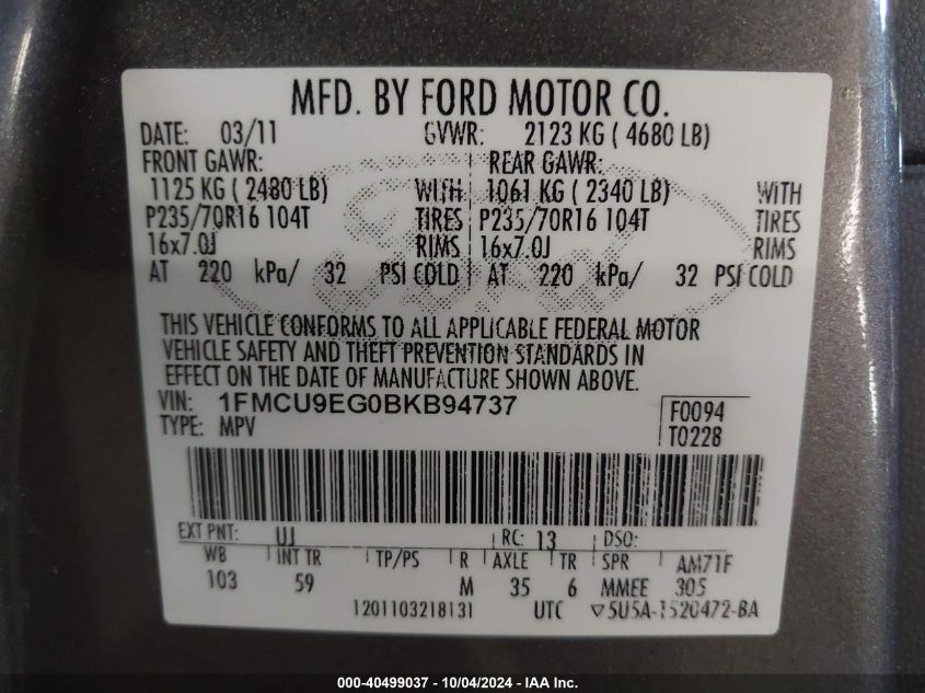 1FMCU9EG0BKB94737 2011 Ford Escape Limited