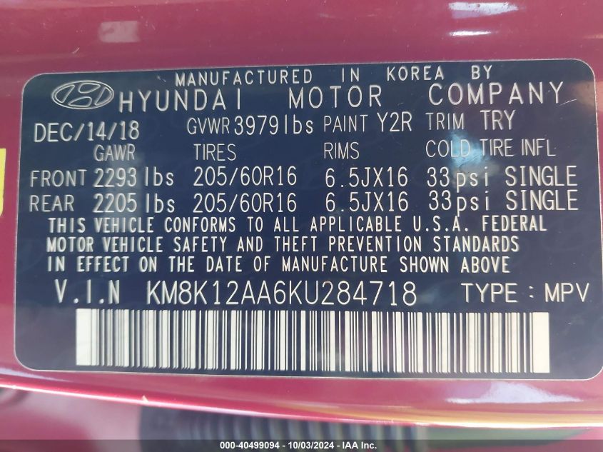 KM8K12AA6KU284718 2019 Hyundai Kona Se