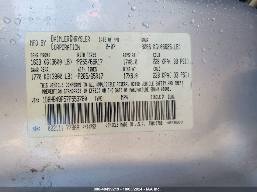 1D8HB48P57F553760 2007 Dodge Durango Slt