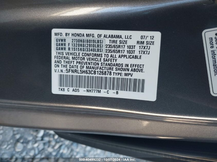 5FNRL5H63CB126878 2012 Honda Odyssey Exl