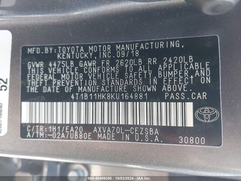 4T1B11HK8KU164881 2019 Toyota Camry Se