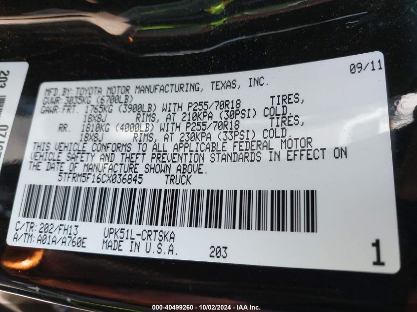 5TFRM5F16CX036845 2012 Toyota Tundra Grade 4.6L V8