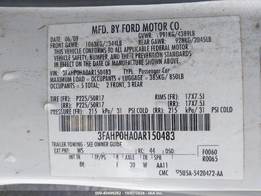 2010 Ford Fusion Se VIN: 3FAHP0HA0AR150483 Lot: 40499262