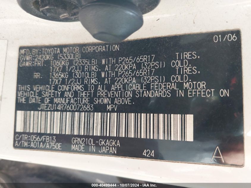 JTEZU14R760072683 2006 Toyota 4Runner Sr5 Sport V6