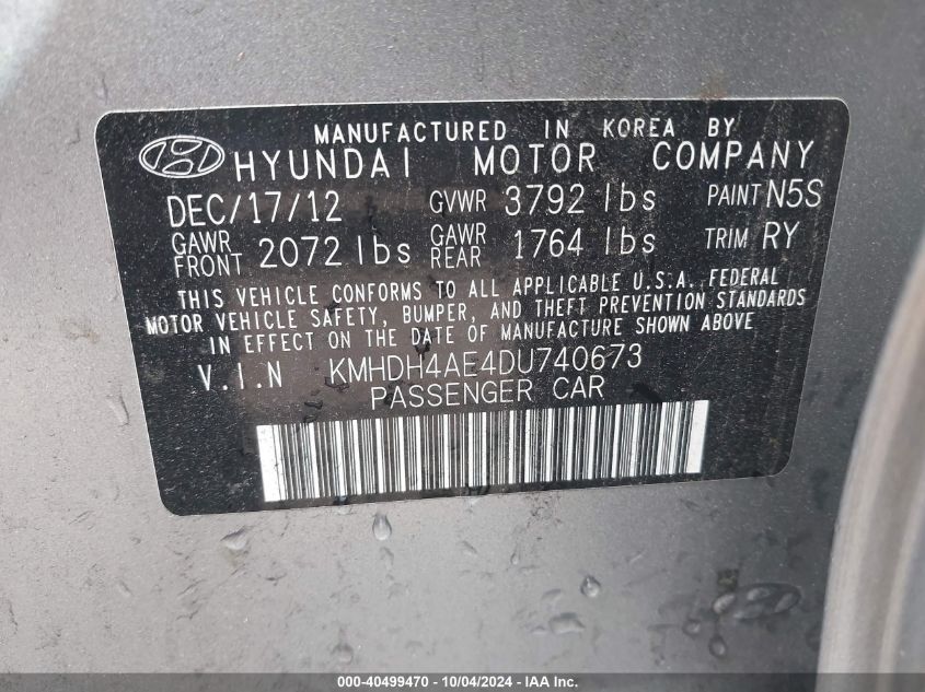 VIN KMHDH4AE4DU740673 2013 Hyundai Elantra, Limited no.9