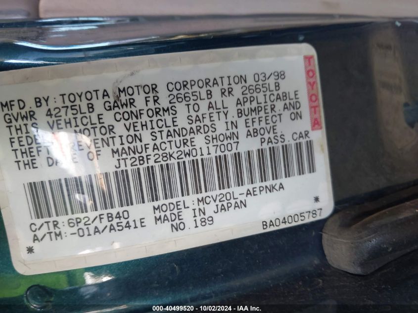 JT2BF28K2W0117007 1998 Toyota Camry Le V6