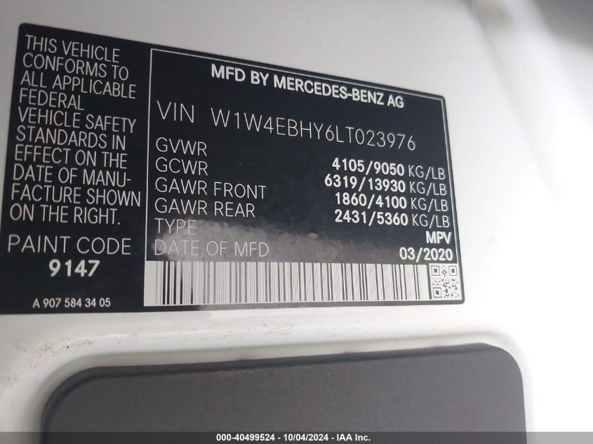 W1W4EBHY6LT023976 2020 Mercedes-Benz Sprinter 2500 Standard Roof V6