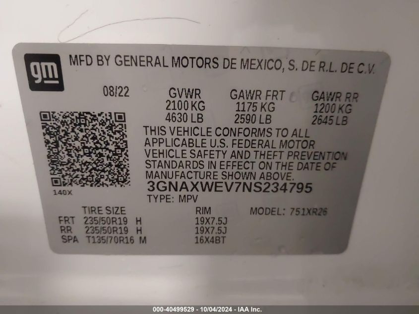 3GNAXWEV7NS234795 2022 Chevrolet Equinox Awd Rs