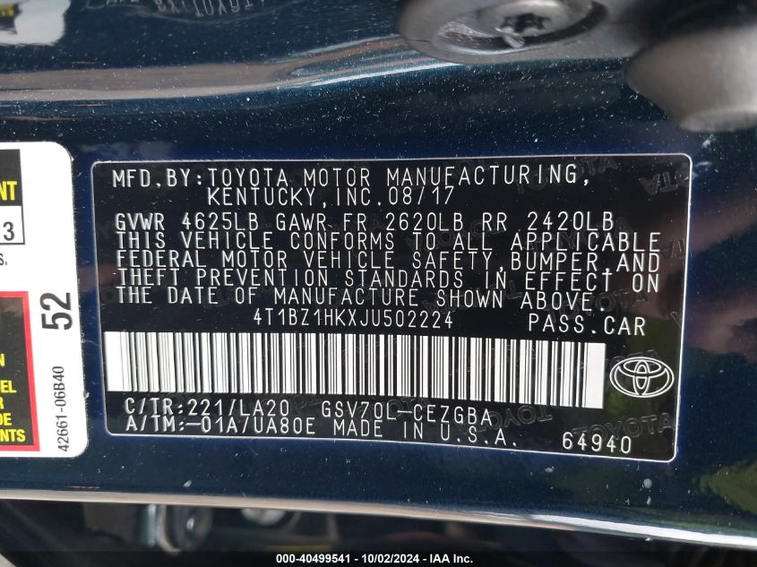 4T1BZ1HKXJU502224 2018 Toyota Camry Xle V6