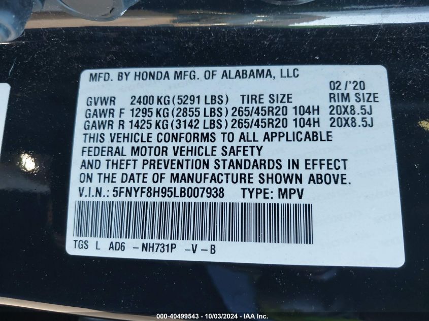 2020 Honda Passport Awd Touring VIN: 5FNYF8H95LB007938 Lot: 40499543