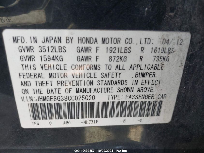 JHMGE8G38CC025020 2012 Honda Fit