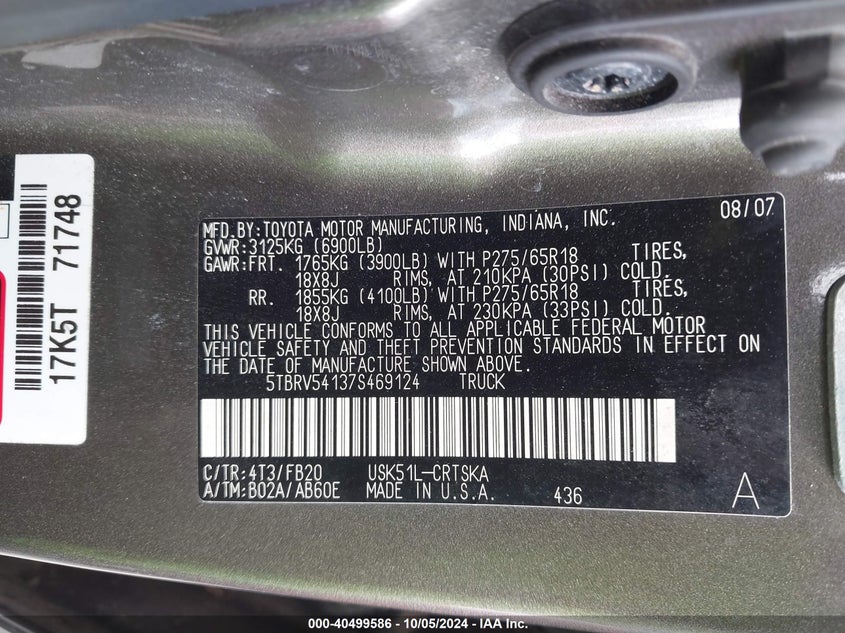 2007 TOYOTA TUNDRA VIN: 5TBRV54137S469124