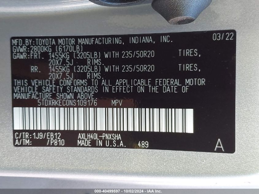 5TDXRKEC0NS109176 2022 Toyota Sienna Xse