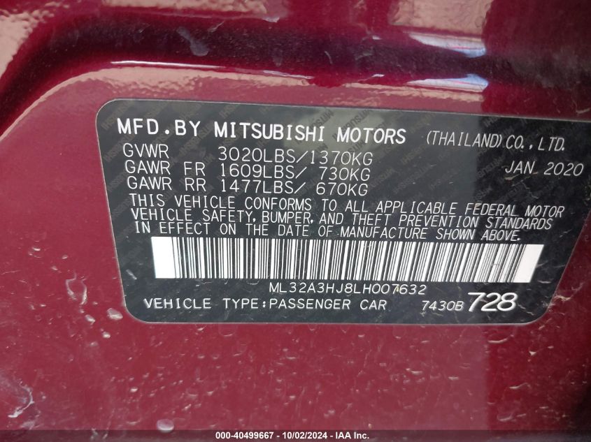 2020 Mitsubishi Mirage Se VIN: ML32A3HJ8LH007632 Lot: 40499667