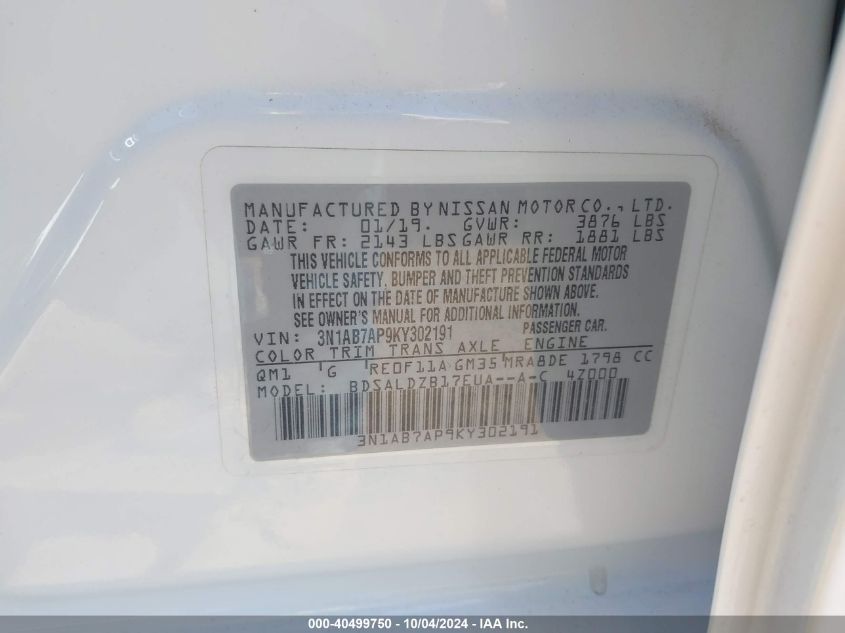 3N1AB7AP9KY302191 2019 Nissan Sentra Sv