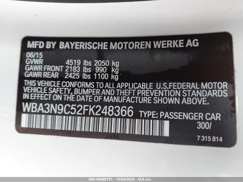 2015 BMW 428I xDrive VIN: WBA3N9C52FK248366 Lot: 40499751