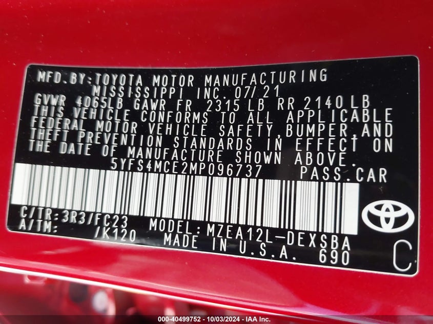 VIN 5YFS4MCE2MP096737 2021 TOYOTA COROLLA SE/NIGHT SHADE