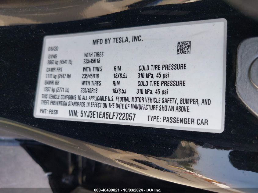 2020 Tesla Model 3 Standard Range Plus Rear-Wheel Drive/Standard Range Rear-Wheel Drive VIN: 5YJ3E1EA5LF722057 Lot: 40499821