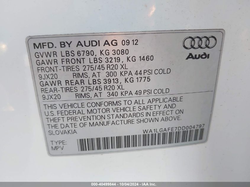 2013 Audi Q7 3.0T Premium VIN: WA1LGAFE7DD004797 Lot: 40499844