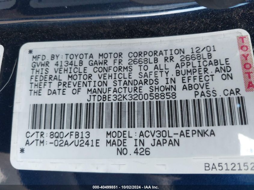 JTDBE32K320058858 2002 Toyota Camry Le