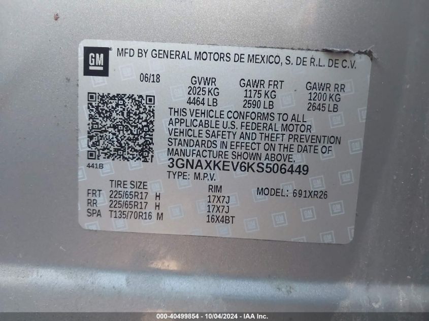 3GNAXKEV6KS506449 2019 Chevrolet Equinox Lt