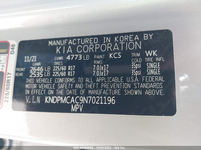 2022 Kia Sportage Lx VIN: KNDPMCAC9N7021196 Lot: 40499868