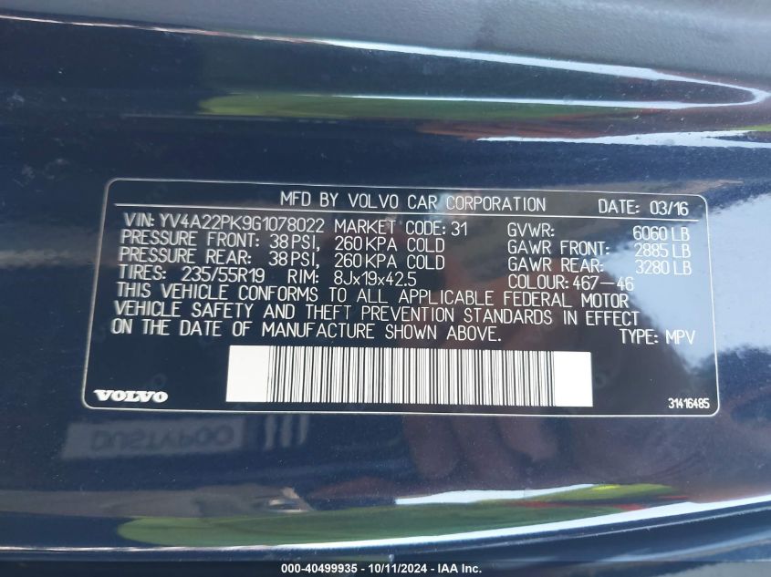 2016 Volvo Xc90 T6 Momentum VIN: YV4A22PK9G1078022 Lot: 40499935