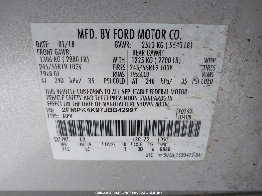 2FMPK4K97JBB42997 2018 Ford Edge Titanium