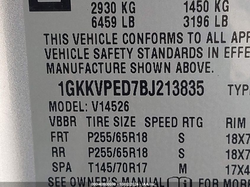 1GKKVPED7BJ213835 2011 GMC Acadia Sle