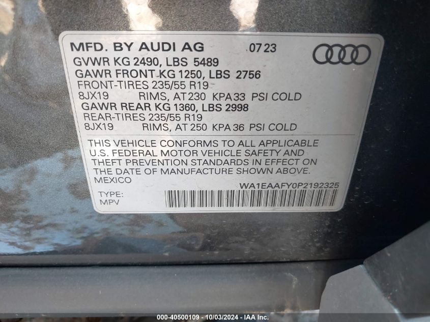 2023 Audi Q5 Premium Plus 45 Tfsi S Line Quattro VIN: WA1EAAFY0P2192325 Lot: 40500109