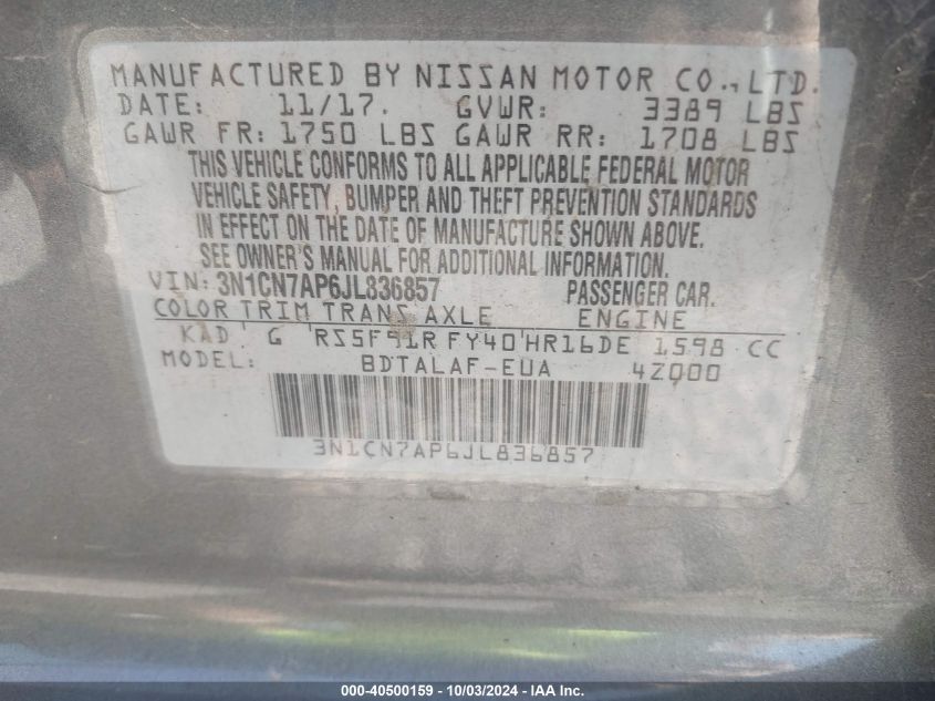 3N1CN7AP6JL836857 2018 Nissan Versa 1.6 S