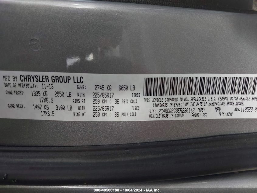 2014 Dodge Grand Caravan Se VIN: 2C4RDGBG3ER230143 Lot: 40500180