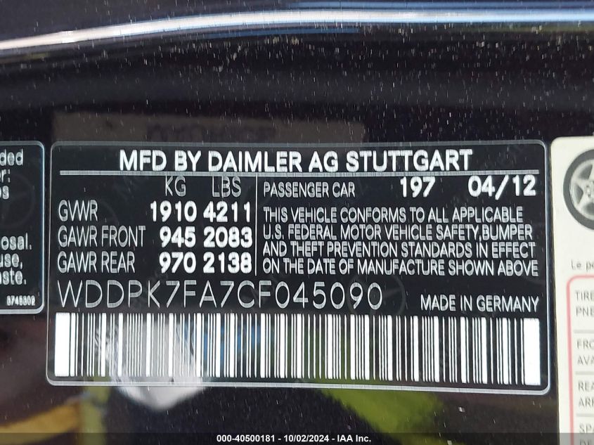 2012 Mercedes-Benz Slk 55 Amg VIN: WDDPK7FA7CF045090 Lot: 40500181