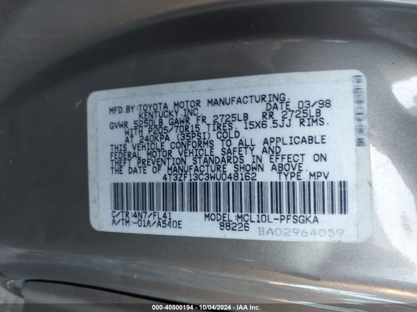 4T3ZF13C3WU048162 1998 Toyota Sienna Le