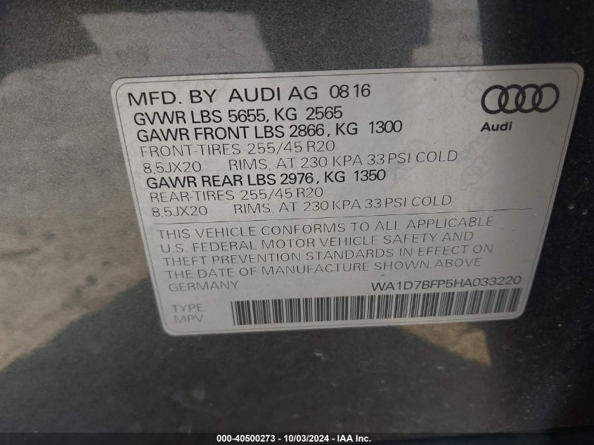 WA1D7BFP5HA033220 2017 Audi Q5 3.0T Premium Plus