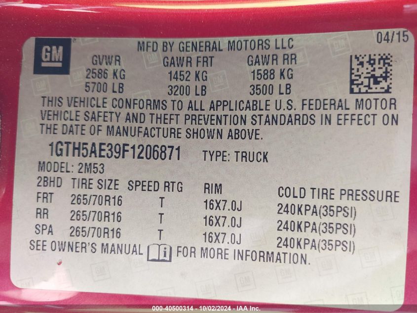 1GTH5AE39F1206871 2015 GMC Canyon