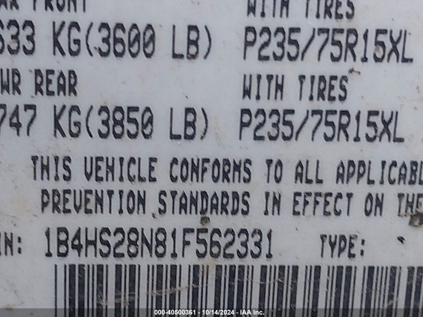 2001 Dodge Durango VIN: 1B4HS28N81F562331 Lot: 40500361