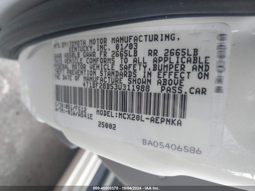 4T1BF28B53U311988 2003 Toyota Avalon Xl